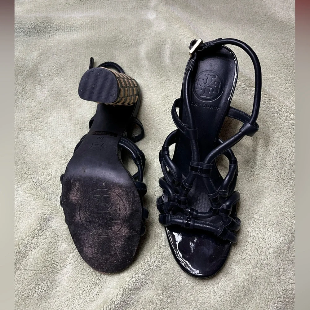 Tory Burch Black and Tan Strappy Block Heels - Picture 9 of 15